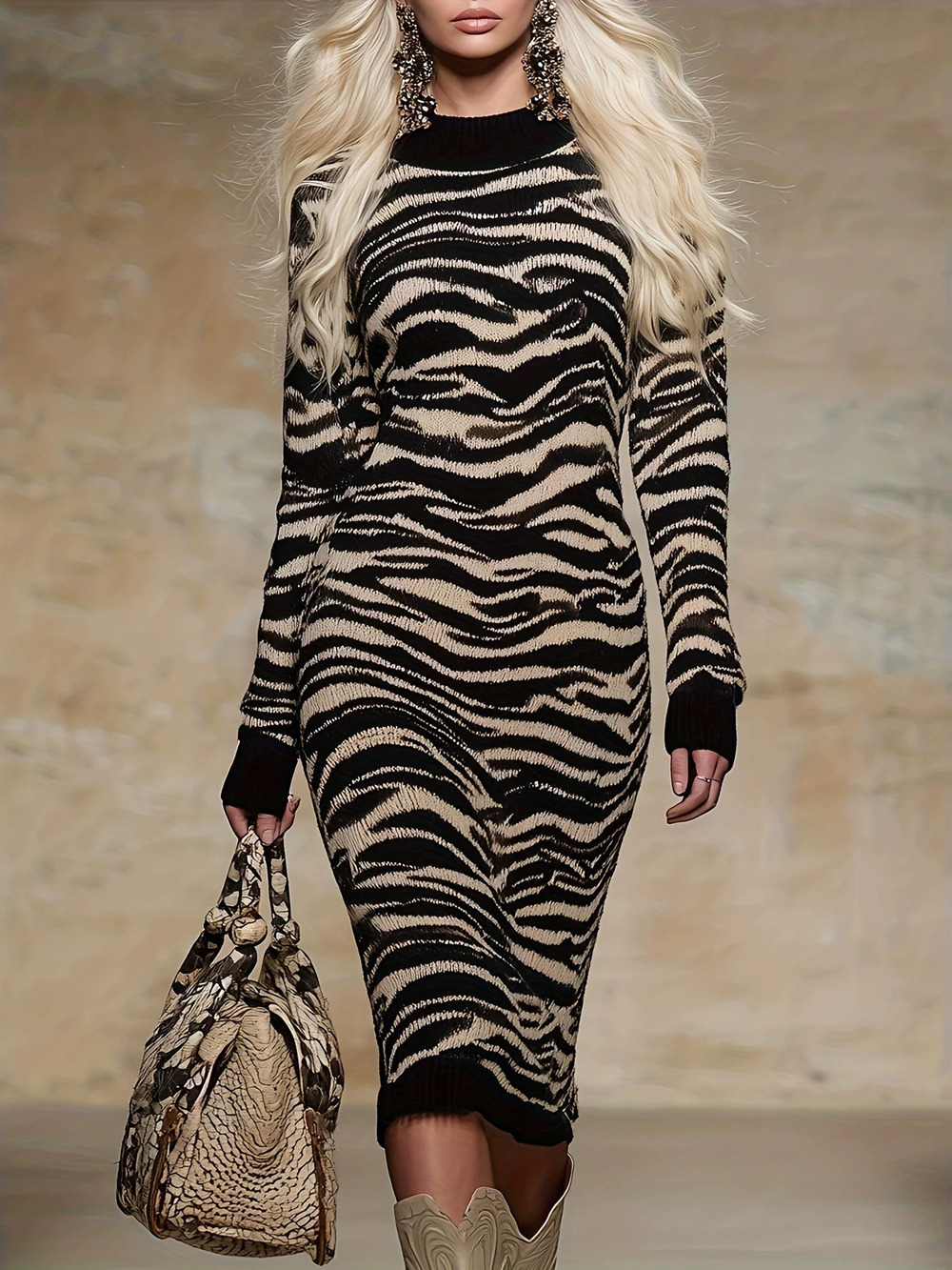 ZARA Sexy Womens Zebra Stripe Knit Dress Winter Sweater Dress